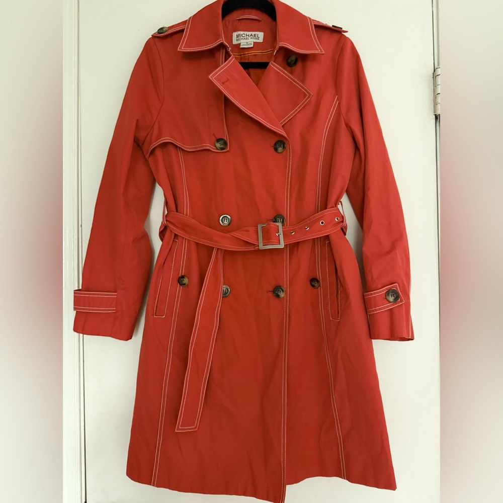 Michael Kors Bold Scarlet Double-Breasted Weather Resistant Trench with Belt